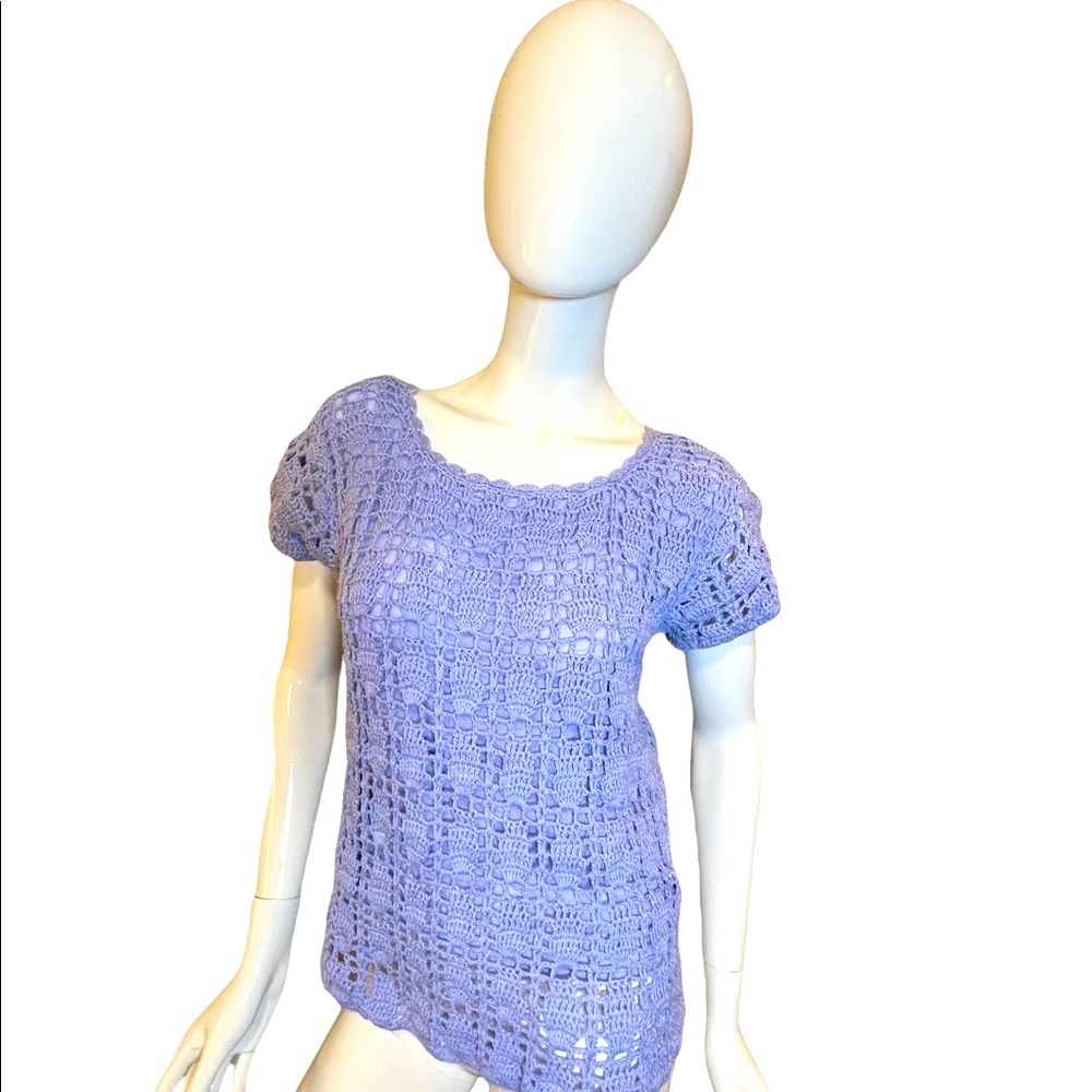Vintage 90s Lavender Crochet Crewneck Short Sleeve Lined Top Periwinkle Medium